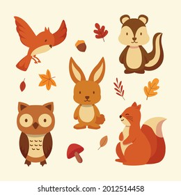 Autumn animals. Fall october season. Wild forest animals, wildlife.  Autumn woodland children design background. Orange nature. Baby vector illustration. 