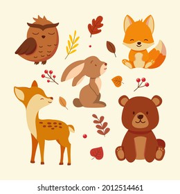 Animales otoñales. Otoño temporada de octubre. Animales silvestres, vida silvestre.  Los niños del bosque de Otoño diseñan el fondo. Naturaleza naranja. Ilustración del vector del bebé. 