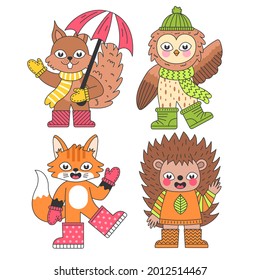 Autumn animals. Fall october season. Wild forest animals, wildlife.  Autumn woodland children design background. Orange nature. Baby vector illustration. 