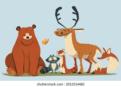 Autumn animals. Fall october season. Wild forest animals, wildlife.  Autumn woodland children design background. Orange nature. Baby vector illustration. 