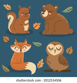 Autumn animals. Fall october season. Wild forest animals, wildlife.  Autumn woodland children design background. Orange nature. Baby vector illustration. 