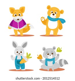 Autumn animals. Fall october season. Wild forest animals, wildlife.  Autumn woodland children design background. Orange nature. Baby vector illustration. 