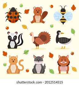 Autumn animals. Fall october season. Wild forest animals, wildlife.  Autumn woodland children design background. Orange nature. Baby vector illustration. 