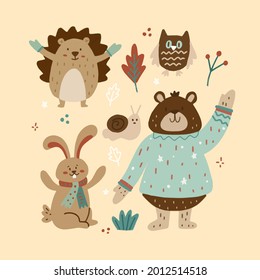 Autumn animals. Fall october season. Wild forest animals, wildlife.  Autumn woodland children design background. Orange nature. Baby vector illustration. 