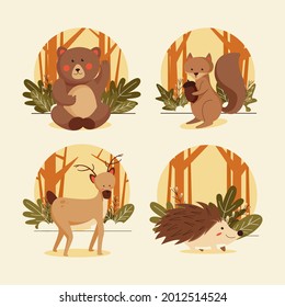 Autumn animals. Fall october season. Wild forest animals, wildlife.  Autumn woodland children design background. Orange nature. Baby vector illustration. 