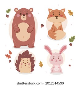 Autumn animals. Fall october season. Wild forest animals, wildlife.  Autumn woodland children design background. Orange nature. Baby vector illustration. 