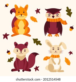 Autumn animals. Fall october season. Wild forest animals, wildlife.  Autumn woodland children design background. Orange nature. Baby vector illustration. 