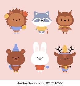 Autumn animals. Fall october season. Wild forest animals, wildlife.  Autumn woodland children design background. Orange nature. Baby vector illustration. 