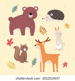 Autumn animals. Fall october season. Wild forest animals, wildlife.  Autumn woodland children design background. Orange nature. Baby vector illustration. 