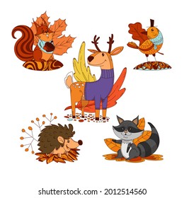 Autumn animals. Fall october season. Wild forest animals, wildlife.  Autumn woodland children design background. Orange nature. Baby vector illustration. 