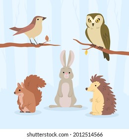 Autumn animals. Fall october season. Wild forest animals, wildlife.  Autumn woodland children design background. Orange nature. Baby vector illustration. 