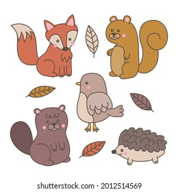 Autumn animals. Fall october season. Wild forest animals, wildlife.  Autumn woodland children design background. Orange nature. Baby vector illustration. 