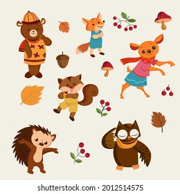 Autumn animals. Fall october season. Wild forest animals, wildlife.  Autumn woodland children design background. Orange nature. Baby vector illustration. 
