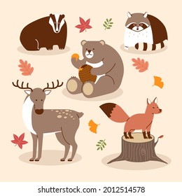 Autumn animals. Fall october season. Wild forest animals, wildlife.  Autumn woodland children design background. Orange nature. Baby vector illustration. 