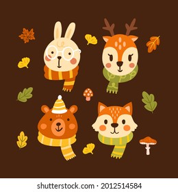 Autumn animals. Fall october season. Wild forest animals, wildlife.  Autumn woodland children design background. Orange nature. Baby vector illustration. 