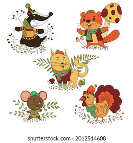 Autumn animals. Fall october season. Wild forest animals, wildlife.  Autumn woodland children design background. Orange nature. Baby vector illustration. 