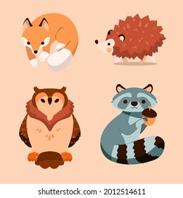 Autumn animals. Fall october season. Wild forest animals, wildlife.  Autumn woodland children design background. Orange nature. Baby vector illustration. 