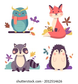 Autumn animals. Fall october season. Wild forest animals, wildlife.  Autumn woodland children design background. Orange nature. Baby vector illustration. 