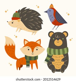 Autumn animals. Fall october season. Wild forest animals, wildlife.  Autumn woodland children design background. Orange nature. Baby vector illustration. 