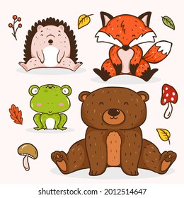 Autumn animals. Fall october season. Wild forest animals, wildlife.  Autumn woodland children design background. Orange nature. Baby vector illustration. 