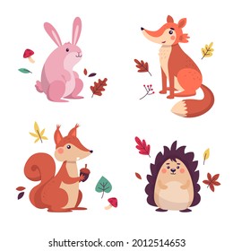 Autumn animals. Fall october season. Wild forest animals, wildlife.  Autumn woodland children design background. Orange nature. Baby vector illustration. 