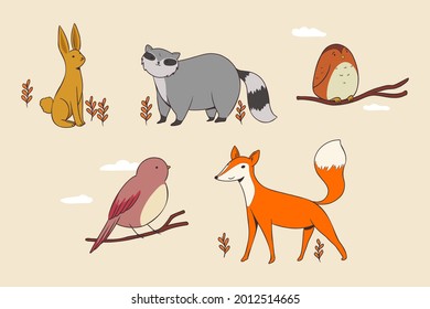 Autumn animals. Fall october season. Wild forest animals, wildlife.  Autumn woodland children design background. Orange nature. Baby vector illustration. 