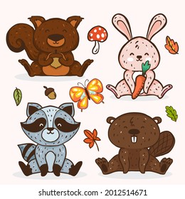Autumn animals. Fall october season. Wild forest animals, wildlife.  Autumn woodland children design background. Orange nature. Baby vector illustration. 