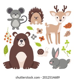 Animales otoñales. Otoño temporada de octubre. Animales silvestres, vida silvestre.  Los niños del bosque de Otoño diseñan el fondo. Naturaleza naranja. Ilustración del vector del bebé. 