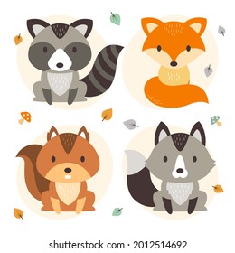 Autumn animals. Fall october season. Wild forest animals, wildlife.  Autumn woodland children design background. Orange nature. Baby vector illustration. 