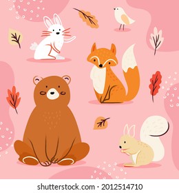 Autumn animals. Fall october season. Wild forest animals, wildlife.  Autumn woodland children design background. Orange nature. Baby vector illustration. 
