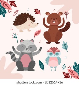Autumn animals. Fall october season. Wild forest animals, wildlife.  Autumn woodland children design background. Orange nature. Baby vector illustration. 
