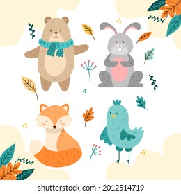 Autumn animals. Fall october season. Wild forest animals, wildlife.  Autumn woodland children design background. Orange nature. Baby vector illustration. 