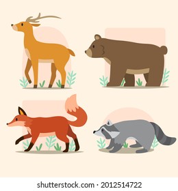 Autumn animals. Fall october season. Wild forest animals, wildlife.  Autumn woodland children design background. Orange nature. Baby vector illustration. 