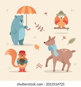 Autumn animals. Fall october season. Wild forest animals, wildlife.  Autumn woodland children design background. Orange nature. Baby vector illustration. 
