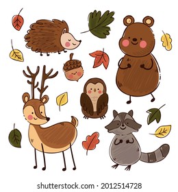 Autumn animals. Fall october season. Wild forest animals, wildlife.  Autumn woodland children design background. Orange nature. Baby vector illustration. 