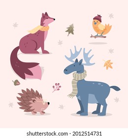 Autumn animals. Fall october season. Wild forest animals, wildlife.  Autumn woodland children design background. Orange nature. Baby vector illustration. 