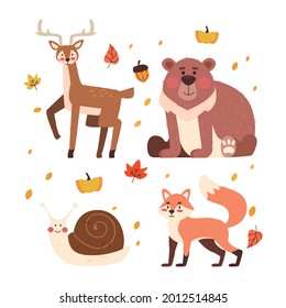 Autumn animals. Fall october season. Wild forest animals, wildlife.  Autumn woodland children design background. Orange nature. Baby vector illustration. 