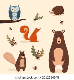 Autumn animals. Fall october season. Wild forest animals, wildlife.  Autumn woodland children design background. Orange nature. Baby vector illustration. 