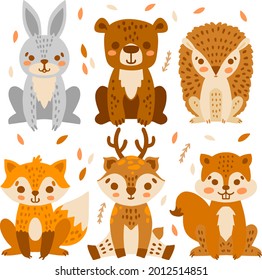 Autumn animals. Fall october season. Wild forest animals, wildlife.  Autumn woodland children design background. Orange nature. Baby vector illustration. 