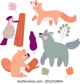 Autumn animals. Fall october season. Wild forest animals, wildlife.  Autumn woodland children design background. Orange nature. Baby vector illustration. 