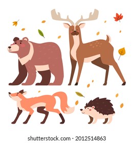 Autumn animals. Fall october season. Wild forest animals, wildlife.  Autumn woodland children design background. Orange nature. Baby vector illustration. 