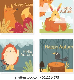 Autumn animals. Fall october season. Wild forest animals, wildlife.  Autumn woodland children design background. Orange nature. Baby vector illustration. 