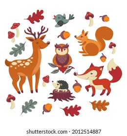 Autumn animals. Fall october season. Wild forest animals, wildlife.  Autumn woodland children design background. Orange nature. Baby vector illustration. 