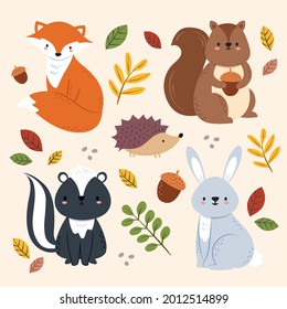 Autumn animals. Fall october season. Wild forest animals, wildlife.  Autumn woodland children design background. Orange nature. Baby vector illustration. 