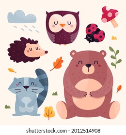 Autumn animals. Fall october season. Wild forest animals, wildlife.  Autumn woodland children design background. Orange nature. Baby vector illustration. 