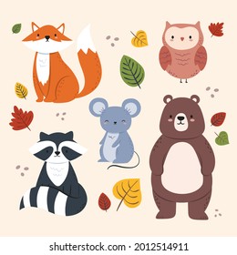 Autumn animals. Fall october season. Wild forest animals, wildlife.  Autumn woodland children design background. Orange nature. Baby vector illustration. 