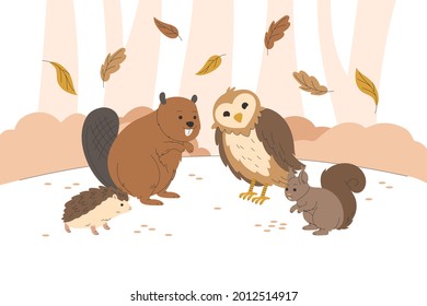 Autumn animals. Fall october season. Wild forest animals, wildlife.  Autumn woodland children design background. Orange nature. Baby vector illustration. 
