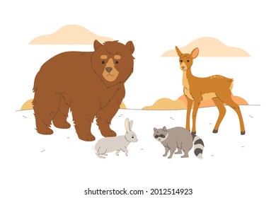 Autumn animals. Fall october season. Wild forest animals, wildlife.  Autumn woodland children design background. Orange nature. Baby vector illustration. 