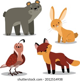 Autumn animals. Fall october season. Wild forest animals, wildlife.  Autumn woodland children design background. Orange nature. Baby vector illustration. 