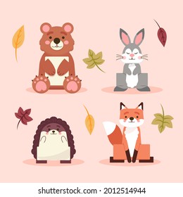 Autumn animals. Fall october season. Wild forest animals, wildlife.  Autumn woodland children design background. Orange nature. Baby vector illustration. 